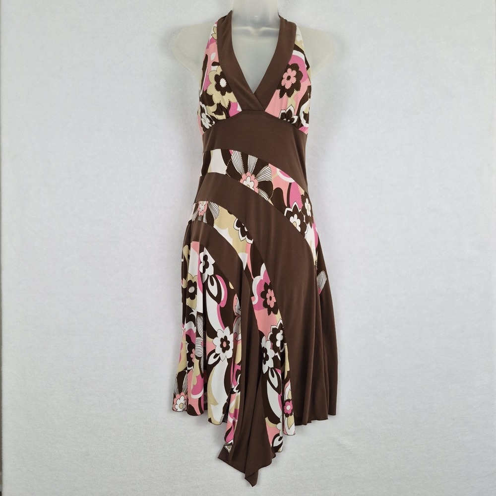 Y2k Chocolate Brown Pink Halter Floral Dress Medium Fairycore Whimsy Feminine